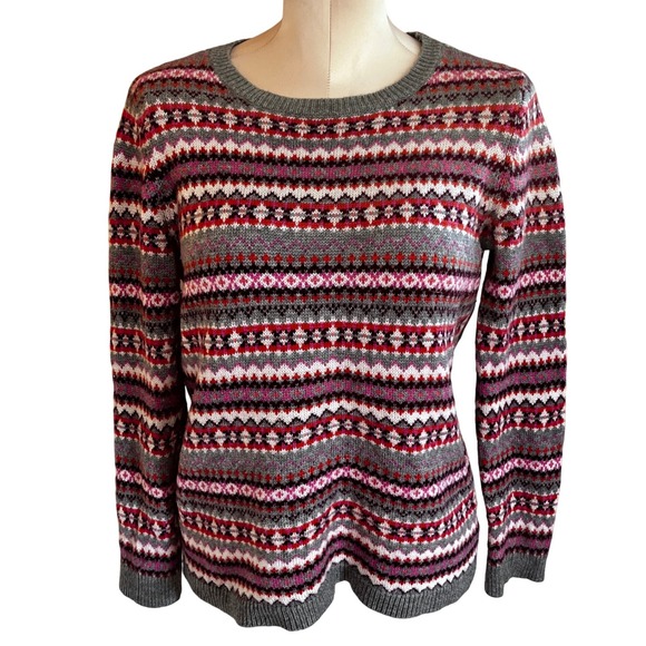 Talbots Sweaters - Talbots Nordic Fair Isle Lambswool Blend Pullover Sweater Grey Pink Red MP Y2K